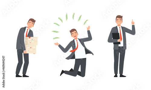 Businessman or Office Employee Wearing Suit and Red Tie Carrying Pile of Document and Jumping with Joy Vector Set