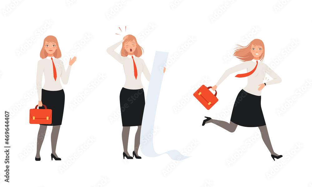 Fototapeta premium Woman Office Employee Character Wearing Suit and Red Tie Running and Standing with Briefcase Vector Set