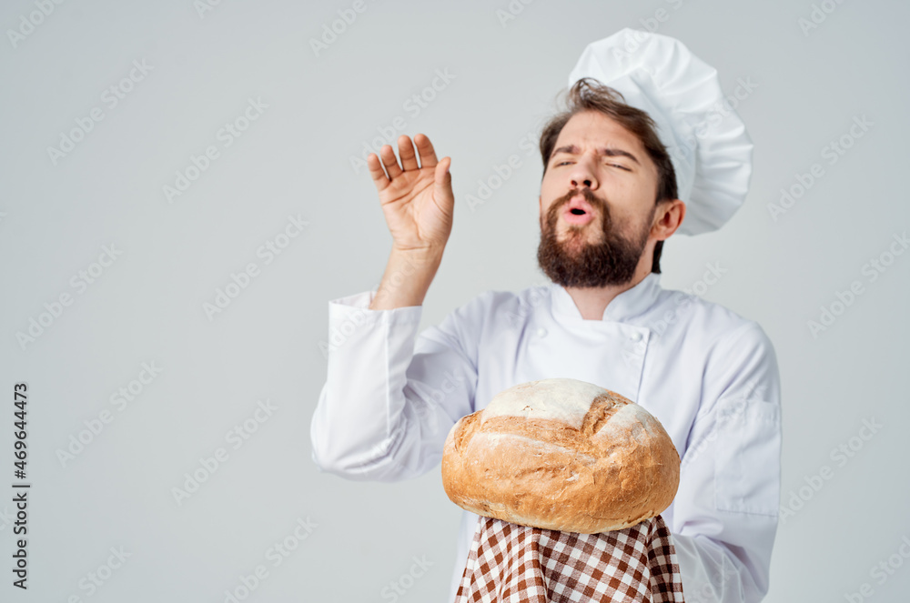 Chef with bread in hand culinary industry Chef with bread in hand culinary industry