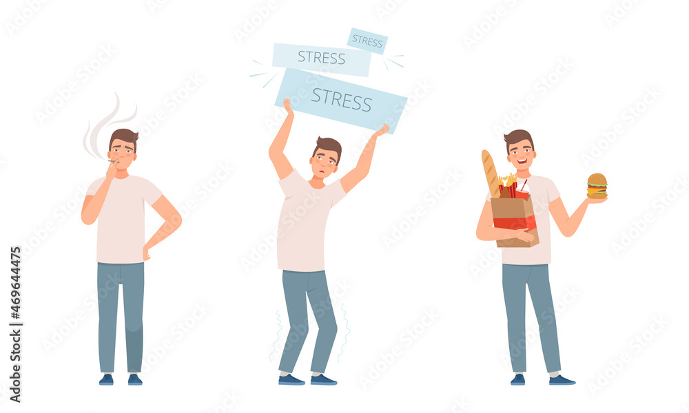 Young Man Having Bad Habits Smoking Cigarette and Eating Fast Food Vector Set Young Man Having Bad Habits Smoking Cigarette and Eating Fast Food Vector Set
