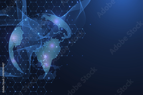 Global network connection concept. Big data visualization. Social network communication in the global computer networks. Internet technology. Business. Science. Vector illustration