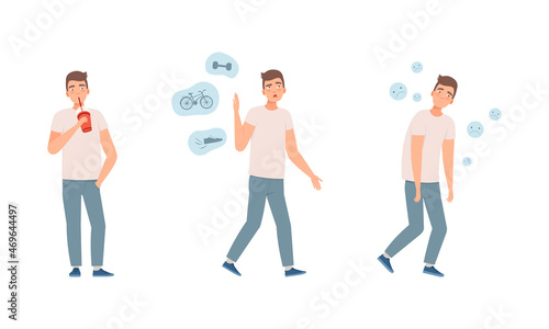 Young Man Having Bad Habits Drinking Soda and Feeling Sad Vector Set
