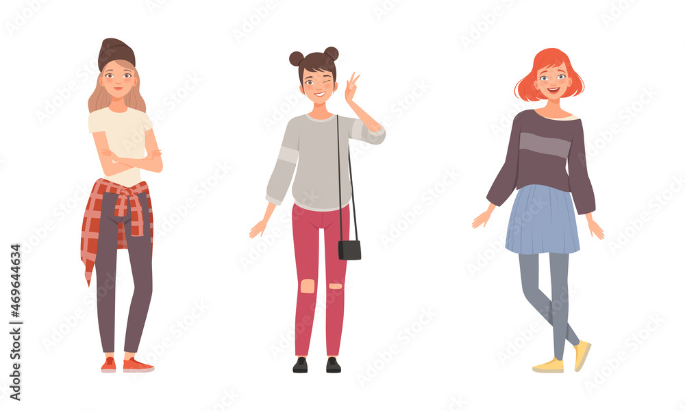 Teenager Girl Dressed in Casual Wear Standing with Folded Arms and Showing V Sign Gesture Vector Set Teenager Girl Dressed in Casual Wear Standing with Folded Arms and Showing V Sign Gesture Vector Set