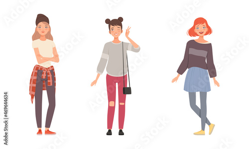 Teenager Girl Dressed in Casual Wear Standing with Folded Arms and Showing V Sign Gesture Vector Set