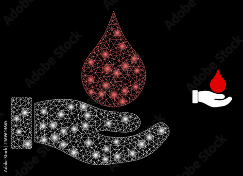 Glossy polygonal mesh net blood donation hand icon with glare effect on a black background. Wire frame blood donation hand iconic vector with glowing dots in majestic colors.