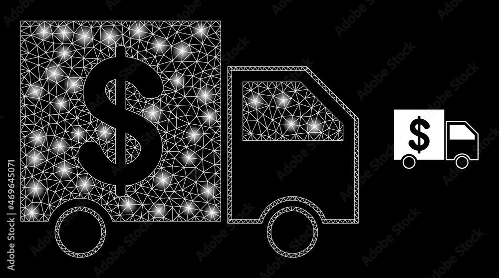 Glossy polygonal mesh net banking delivery icon with glitter effect on a black background. Carcass banking delivery iconic vector with glowing dots in magic colors.