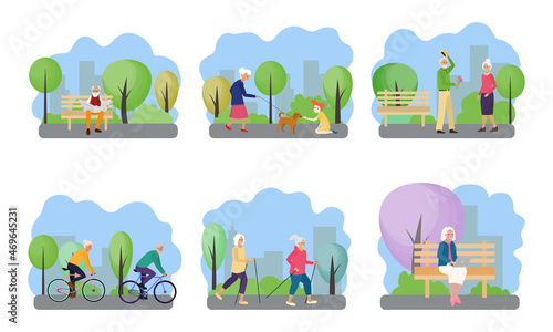 Pensioners are walking in the park, active exercises in the air. Seniors on bicycles, scandinavian walking and reading on a bench