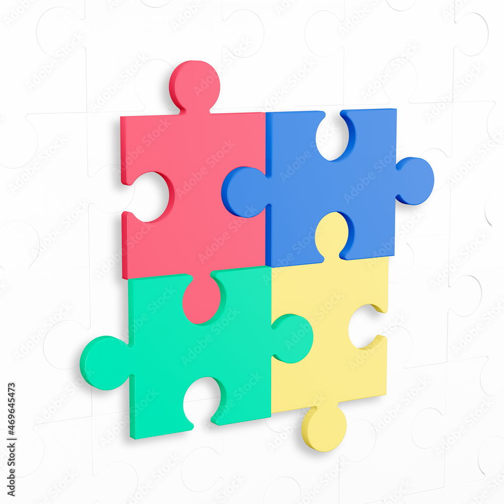 Colorful puzzle composition on white background. 3D render illustration. Clipping path of each element included. Colorful puzzle composition on white background. 3D render illustration. Clipping path of each element included.
