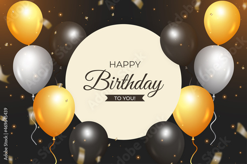 realistic happy birthday banner with the dark background, Gold confetti white yellow black balloons, Happy birthday golden background with golden confetti. Happy Birthday with realistic balloons