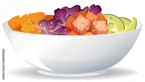 Salmon salad bowl on white background