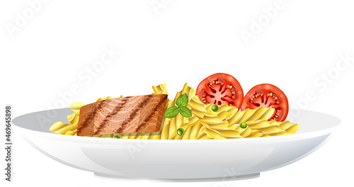 Pasta fusilli with fish steak and tomato