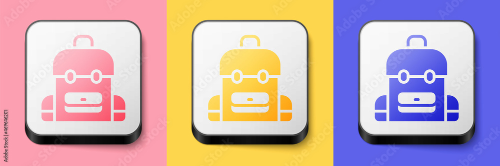 Isometric School backpack icon isolated on pink, yellow and blue background. Square button. Vector Isometric School backpack icon isolated on pink, yellow and blue background. Square button. Vector
