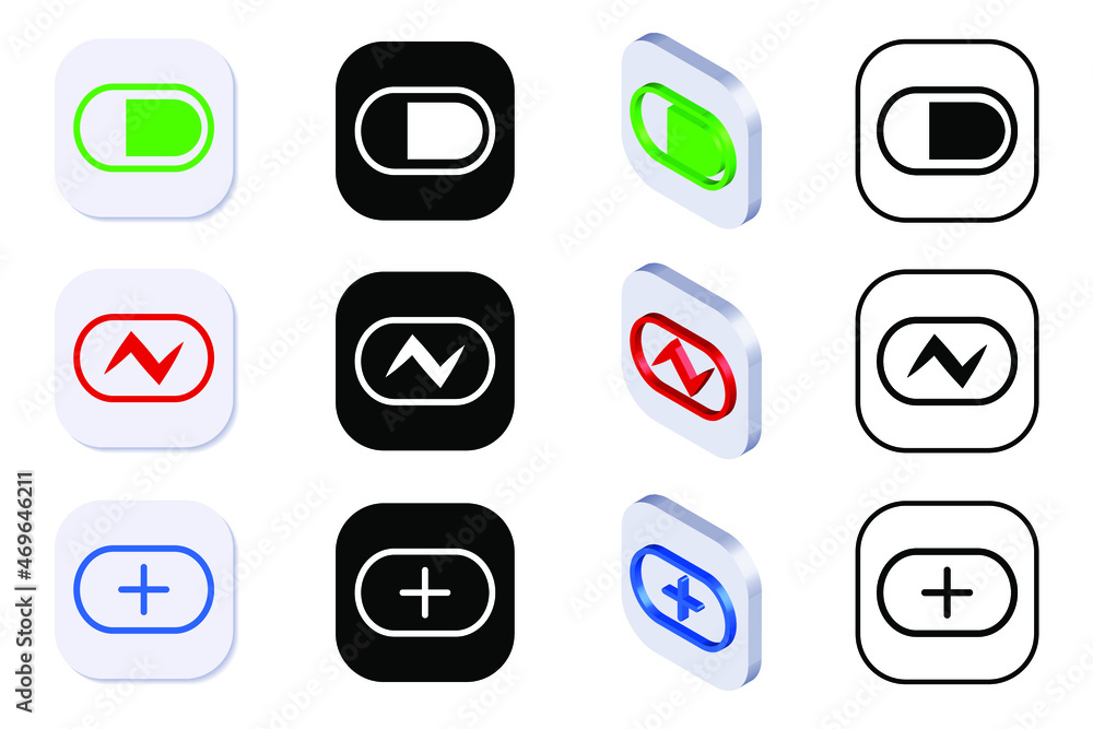 Battery icon set. Isometric, 3D rendering rechargeable accumulator battery set. Empty and fully charged battery icons isolated on white background. Battery icon set. Isometric, 3D rendering rechargeable accumulator battery set. Empty and fully charged battery icons isolated on white background.