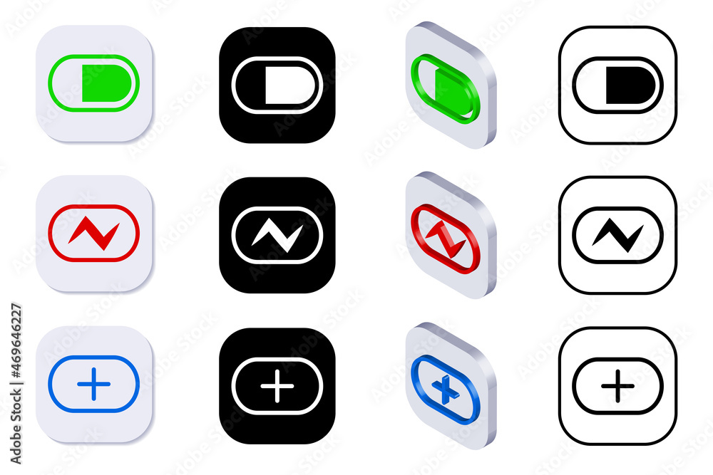 Battery icon set. Isometric, 3D rendering rechargeable accumulator battery set. Empty and fully charged battery icons isolated on white background. Battery icon set. Isometric, 3D rendering rechargeable accumulator battery set. Empty and fully charged battery icons isolated on white background.