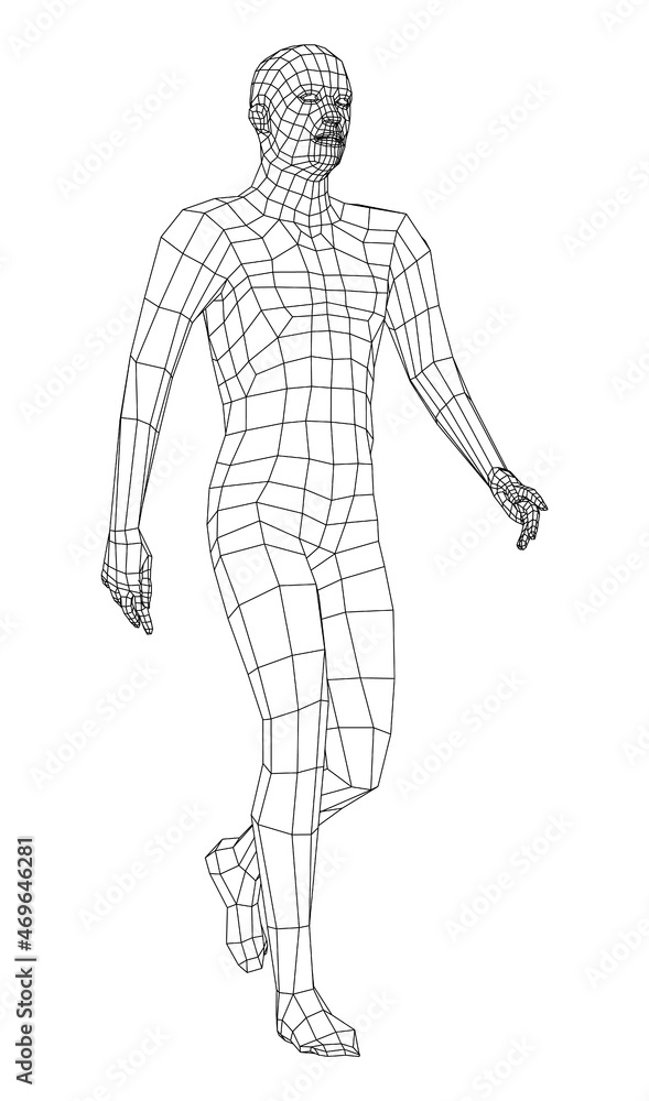 Wireframe walking man. 3d illustration