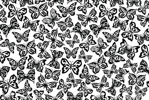 Vector seamless pattern. Black and white butterflies repeating pattern, ornate butterfly pattern.