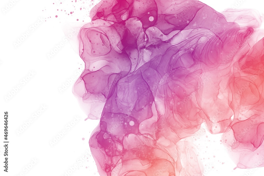 アルコールインクアート抽象背景）紫とオレンジの鮮やかなグラデーション　ナチュラル　白背景　しぶき　波