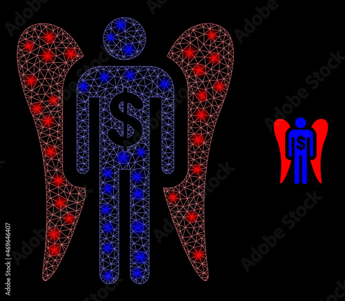 Glossy polygonal mesh web angel investor icon with glare effect on a black background. Constellation angel investor iconic vector with shiny spheres in stardust colors.