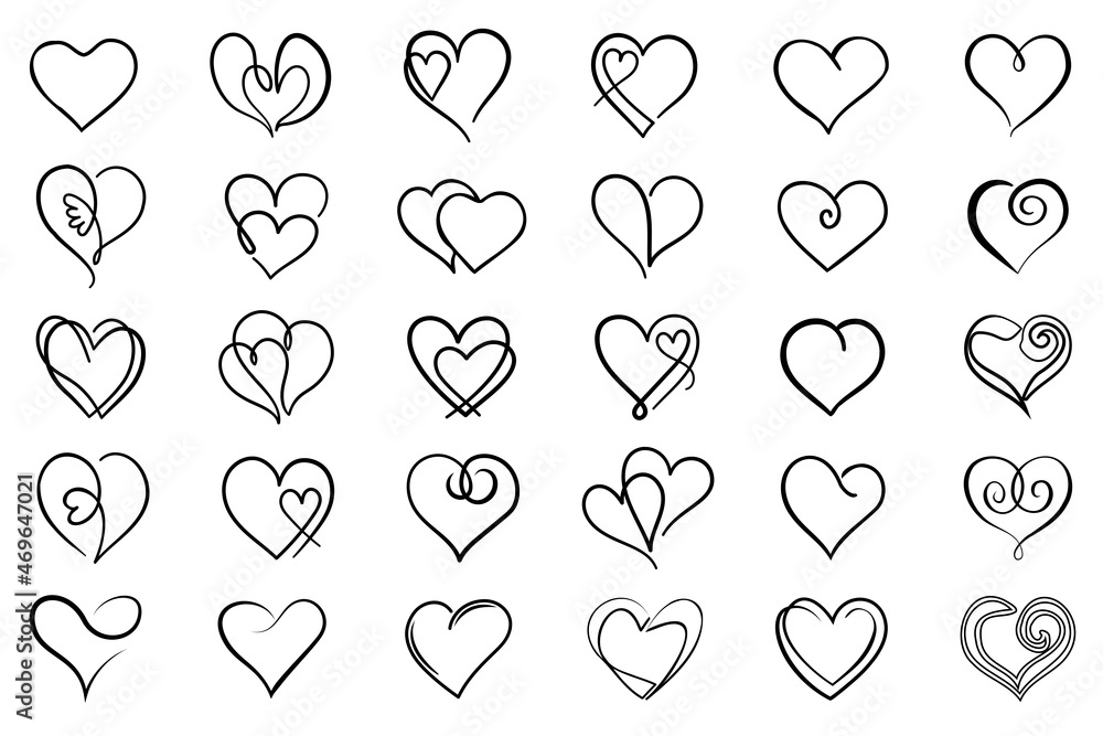 Outline hearts set. Black outline heart silhouettes collection. Line art hearts illustration