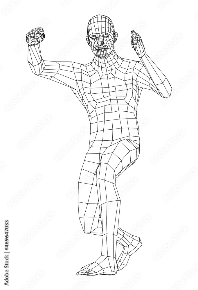 Wireframe boxing man. 3d illustration