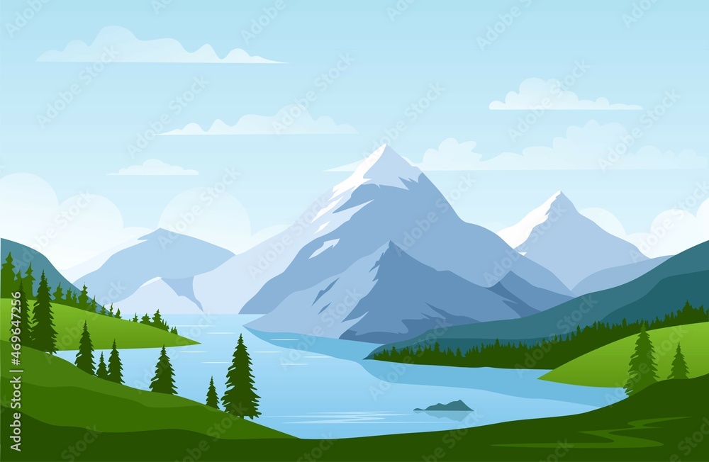 mountain landscape with lake and mountains