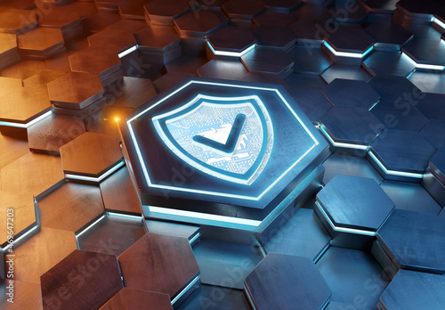 Shield icon concept engraved on metal hexagonal pedestral background. Security Logo glowing on abstract digital surface. 3d rendering