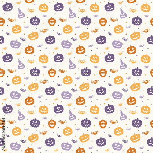 Fototapeta Naklejka Na Ścianę i Meble -  Background with funny pumpkin lanterns and spiders. Halloween seamless pattern. Vector