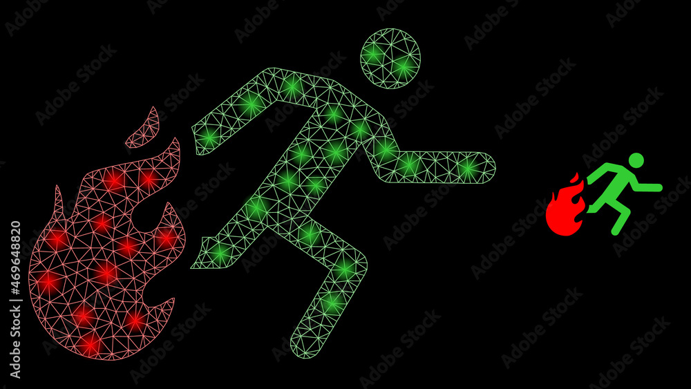 Glossy polygonal mesh net person running away from fire icon with glare effect on a black background. Network person running away from fire iconic vector with flash dots in majestic colors.
