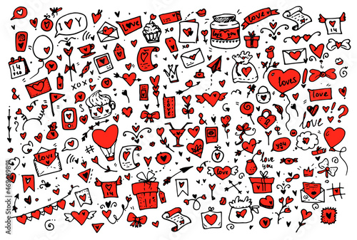 Doodle for Valentine's Day hand drawn .a large set of cute hand-drawn elements about Love. Design elements in the style of doodle black outline with bright red splashes of color are isolated on a whit