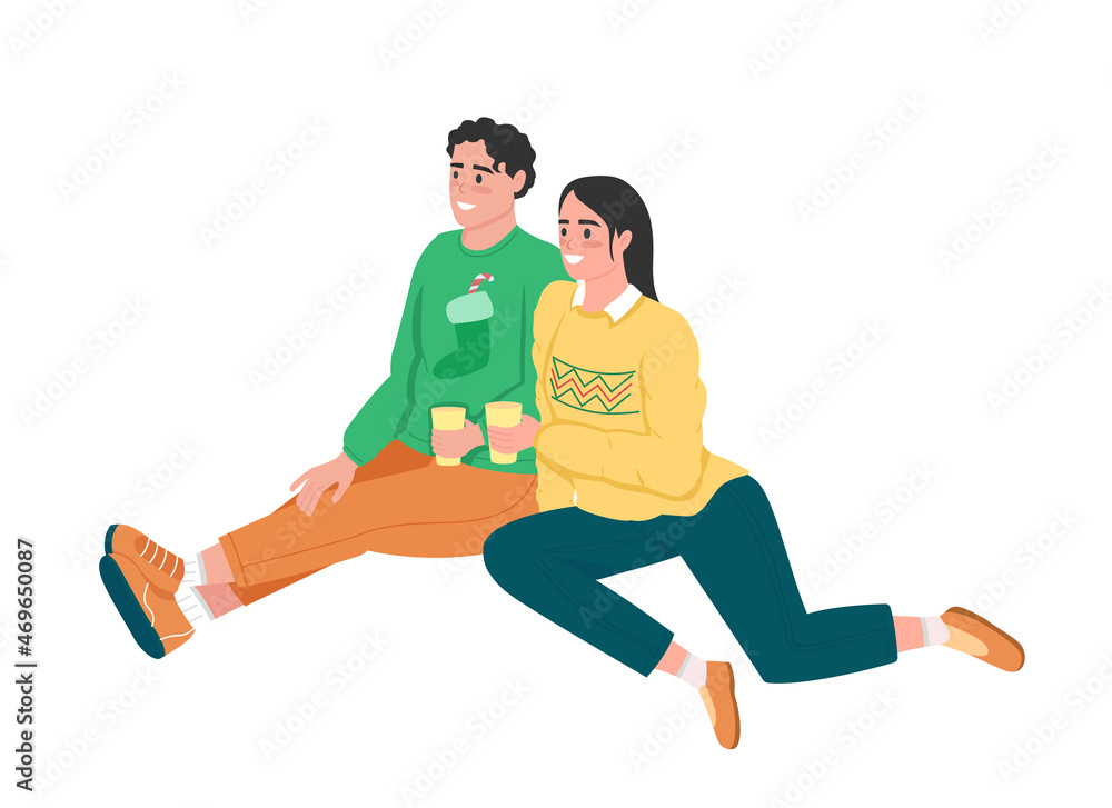 Happy couple at festive party semi flat color vector characters. Sitting figures. Full body people on white. Winter isolated modern cartoon style illustration for graphic design and animation