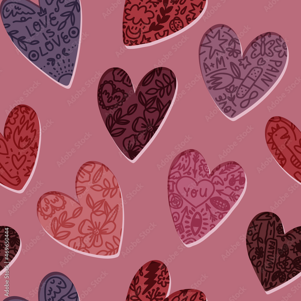Fototapeta premium Valentine's Day hand-drawn seamless pattern with tattoo hearts, various symbols, phrases, messages. Trendy lilac palette