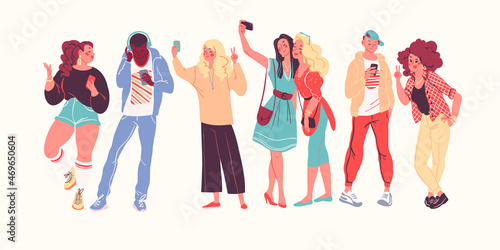 Group of young trendy people using phones, chatting, listening music in headphones, making selfie and video calls isolated. Multiracial teens characters portraits. Vector flat cartoon illustration.  