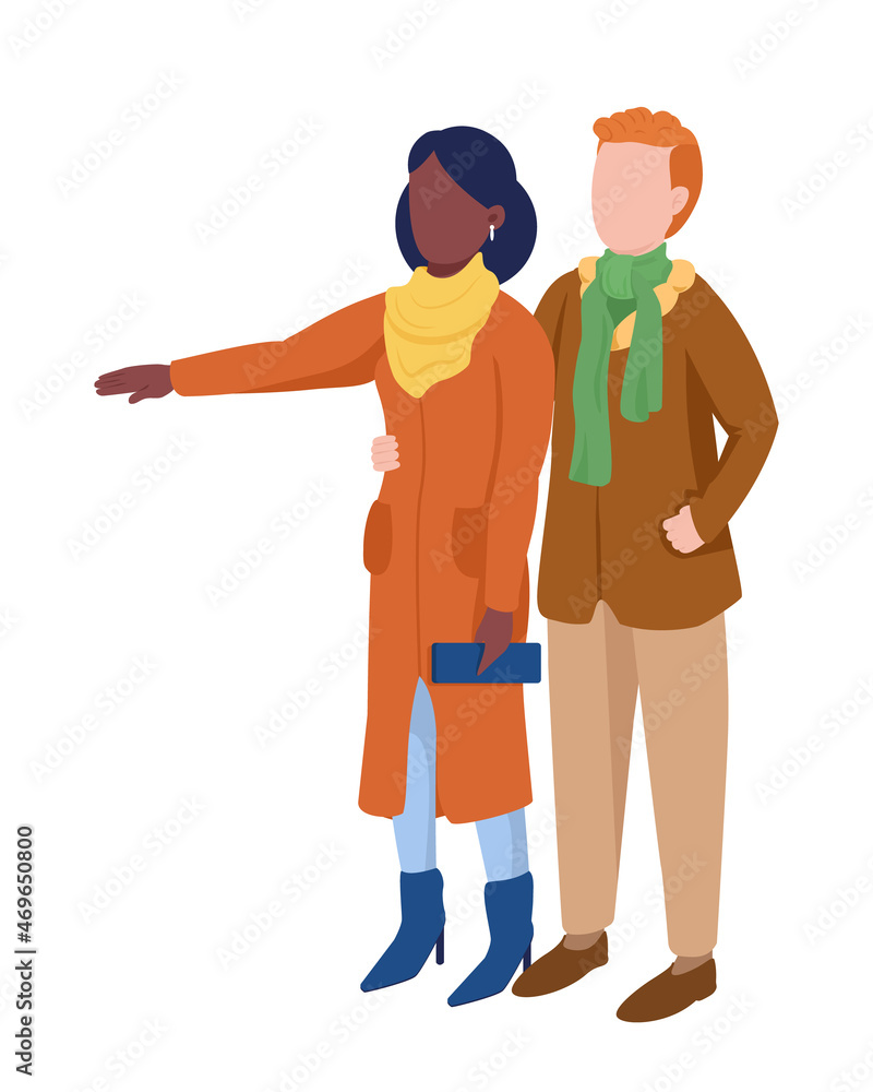 Couple in coats choosing semi flat color vector characters. Standing figures. Full body people on white. Holiday preparation isolated modern cartoon style illustration for graphic design and animation