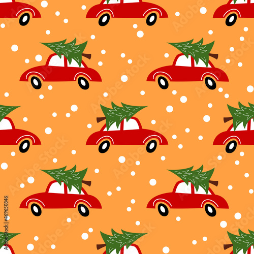 Christmas seamless pattern. A red car is carrying a Christmas tree. Vector illustration.