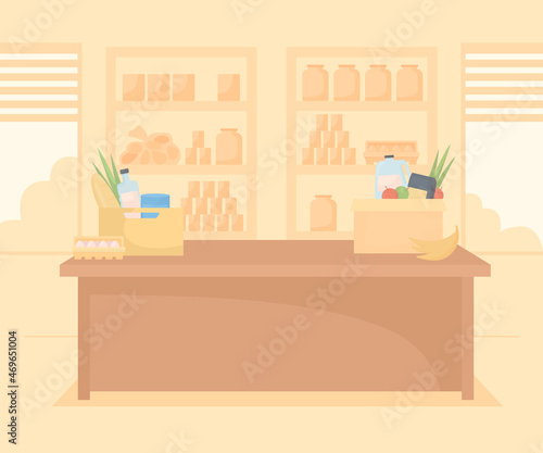 Food bank flat color vector illustration. Pantry for charity supplies. Humanitarian organization center. Monochrome orange 2D cartoon interior with supermarket shelves with products on background