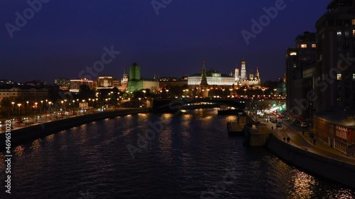 Night view of the Kremlin, the Moscow River and the embankment.