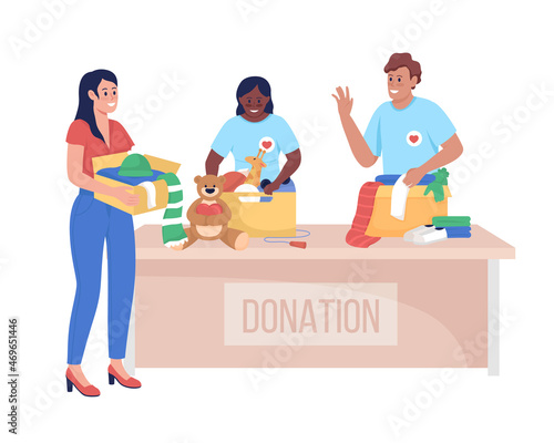 Volunteers with visitor semi flat color vector character. Posing figures. Full body people on white. Social service isolated modern cartoon style illustration for graphic design and animation