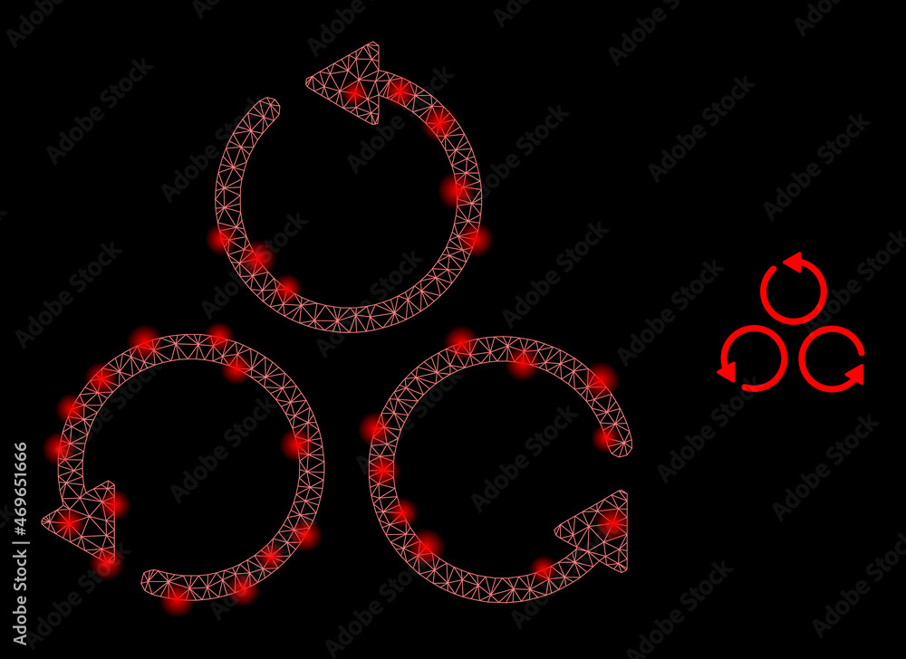 Glossy polygonal mesh net different rotation icon with glare effect on a black background. Constellation different rotation iconic vector with flash points in magic colors.