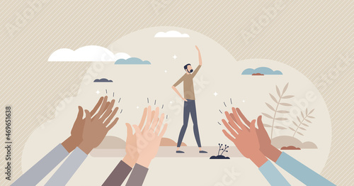 Appreciation and congratulate from crowd with clapping tiny person concept. Audience approval gesture with clap and support vector illustration. Applaud to thanks for great job result. Work feedback.