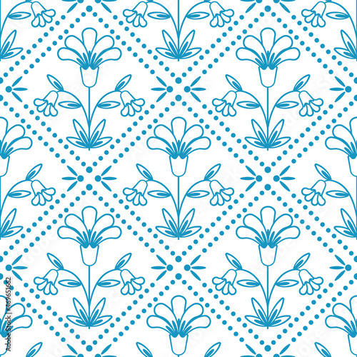 Seamless pattern with floral ornament. Rustic vintage floral pattern design. Simple flowers and leaves with a blue outline on a white background. Vector illustration.