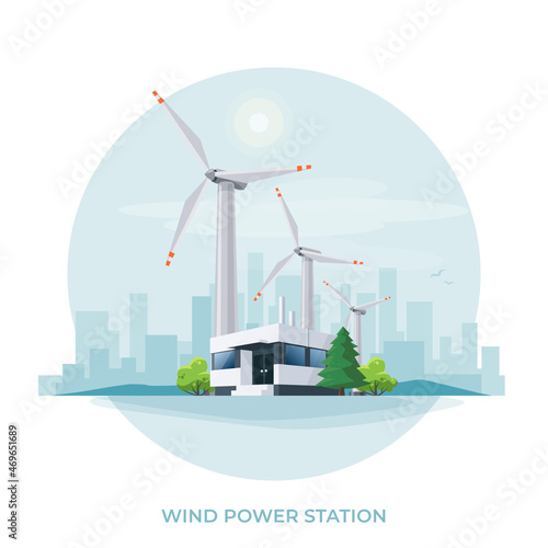 Wind turbines power plant station building factory icon. Renewable sustainable wind park energy generation with sun and city skyline. Isolated vector illustration of windmill farm on white background.