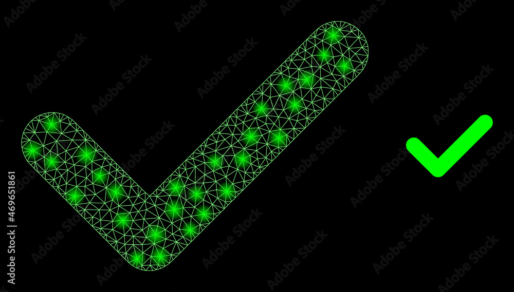 Glossy polygonal mesh web yes tick icon with glow effect on a black background. Constellation yes tick iconic vector with glitter points in vibrant colors. Glossy polygonal mesh web yes tick icon with glow effect on a black background. Constellation yes tick iconic vector with glitter points in vibrant colors.