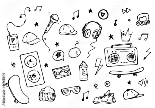 a set of street teen icons. a collection of vector contour drawings headphones, skateboard, cap and tape recorder boombox, glasses, brass knuckles and microphone, isolated elements of the color contou