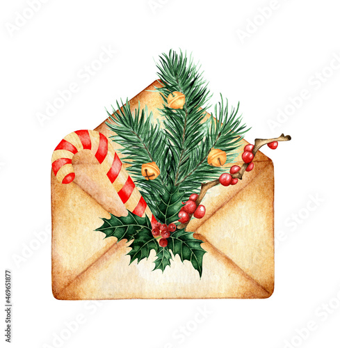 Watercolor painting postal envelope with green fir branches, holly, lollipop and bells. Christmas illustrations for New Years celebration, greeting cards, invitations, calendars. Isolated on white