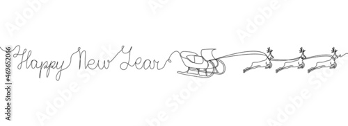 Happy New Year card with Santa s sleigh with Christmas reindeer in harness one line art. Continuous line drawing of holidays, congratulations, celebration.