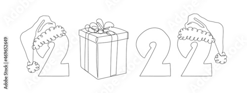 New 2022 year card with gift box and Santa Claus hats one line art. Continuous line drawing of new year holidays, christmas, weekend, celebration, decoration.