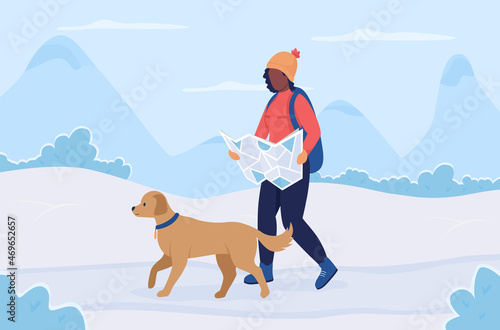 Hiking route in winter flat color vector illustration. Girl on active recreation with animal. Man with map walking with dog 2D cartoon characters with wintertime mountain hill on background