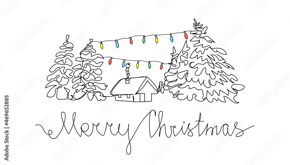 Fototapeta premium Christmas card with winter landscape and colored electric garland one line art. Continuous line drawing of new year holidays, illumination, lighting, decoration.