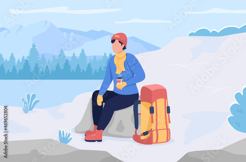 Rest during winter hiking flat color vector illustration. Hiker on trip. Person sitting on boulder drinking tea 2D cartoon character with frozen lake and snowy mountain hills on background