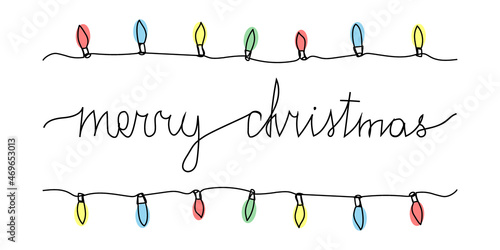 Merry Christmas greetings card with colored electric garland one line art. Continuous line drawing of new year holidays, christmas, illumination, lighting, decoration. Hand drawn vector illustration.